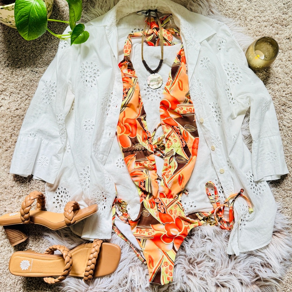 Tropical Floral Cutout One Piece Swimsuit Orange & Brown Halter Tie, Cheeky Fit - Picture 2 of 12
